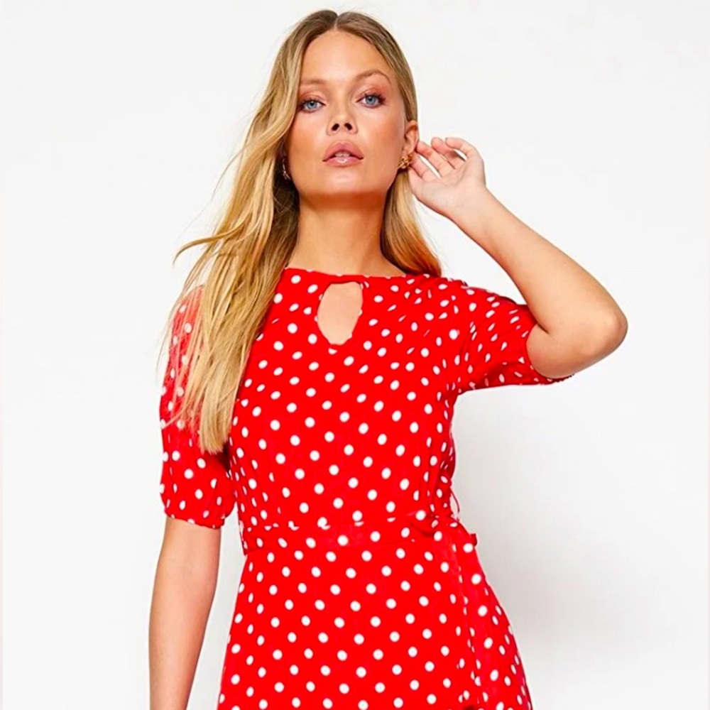Red belted Polka Dot Dress Trendyol